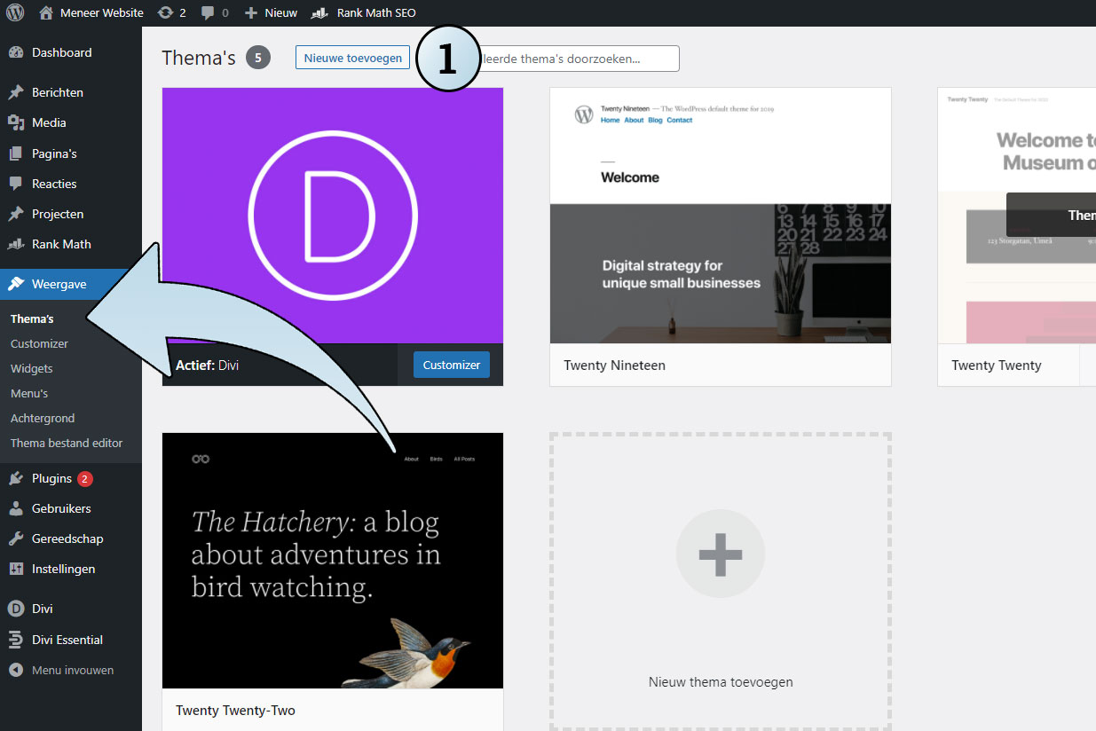 Je navigeert via Weergave naar Thema's, en daar klik je op de knop "Nieuwe toevoegen".