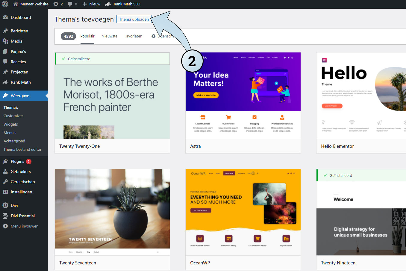 Upload je WordPress thema door op de knop "Thema uploaden" te klikken