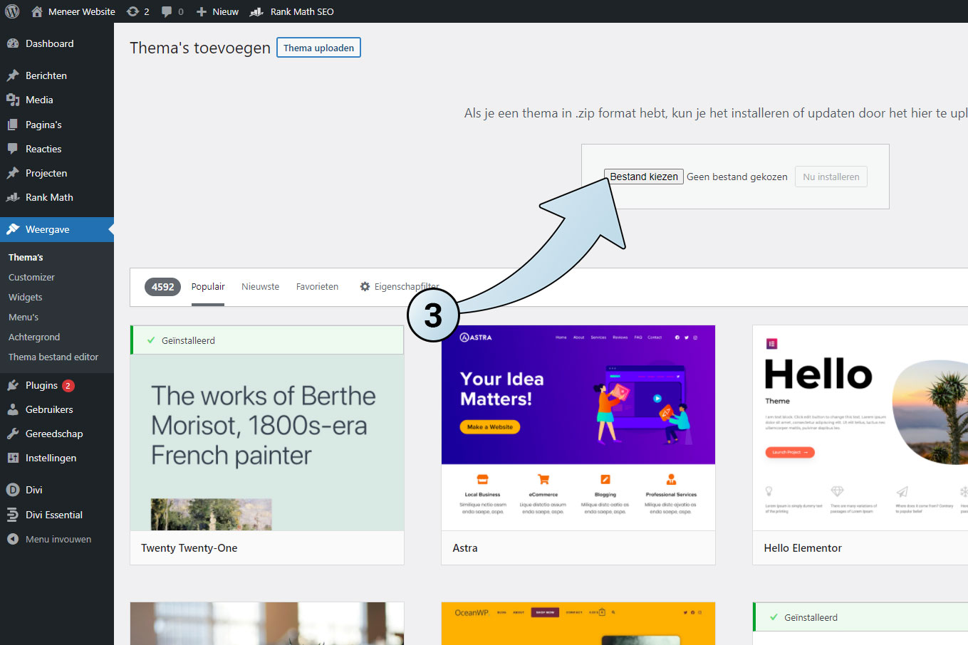 Je upload een thema's .zip mapje door het van je computer te uploaden.