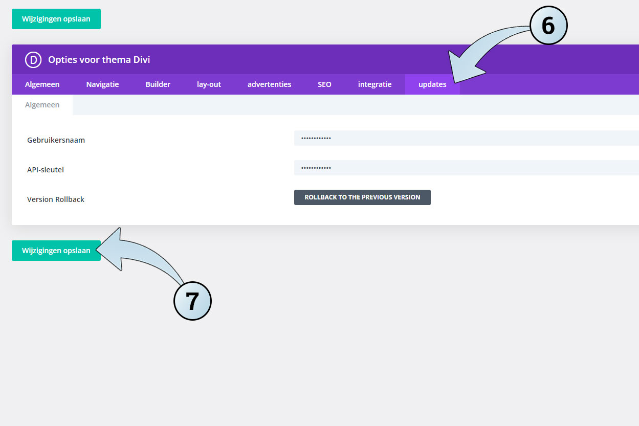 Vul in de Divi thema opties je gebruikersnaam en licentie in, voor automatische updates en het importeren van templates.