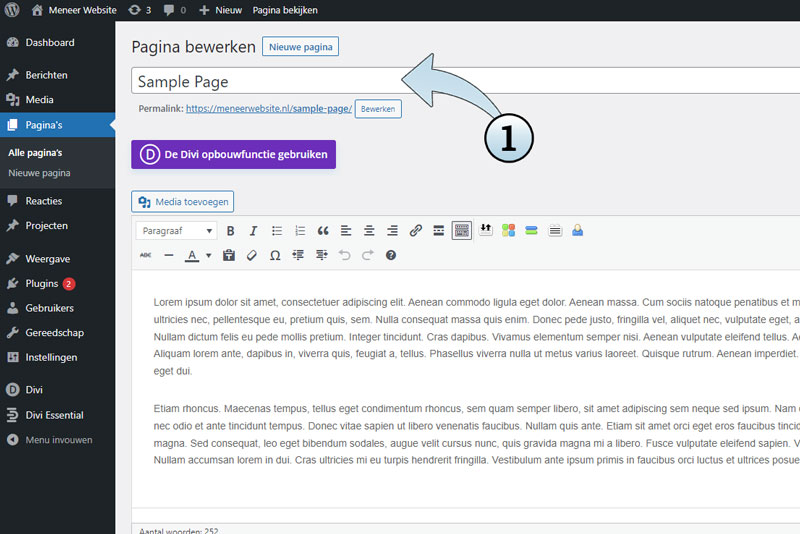 Bewerk de sample page en wijzig bovenaan de titel, of maak een nieuwe pagina aan en geef die een titel.
