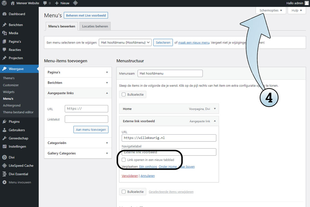 Als je wil dat een menu-item in een nieuw tabblad opent, moet je een extra optie aanzetten. Die vind je door helemaal rechtsbovenin op Schermopties te klikken.