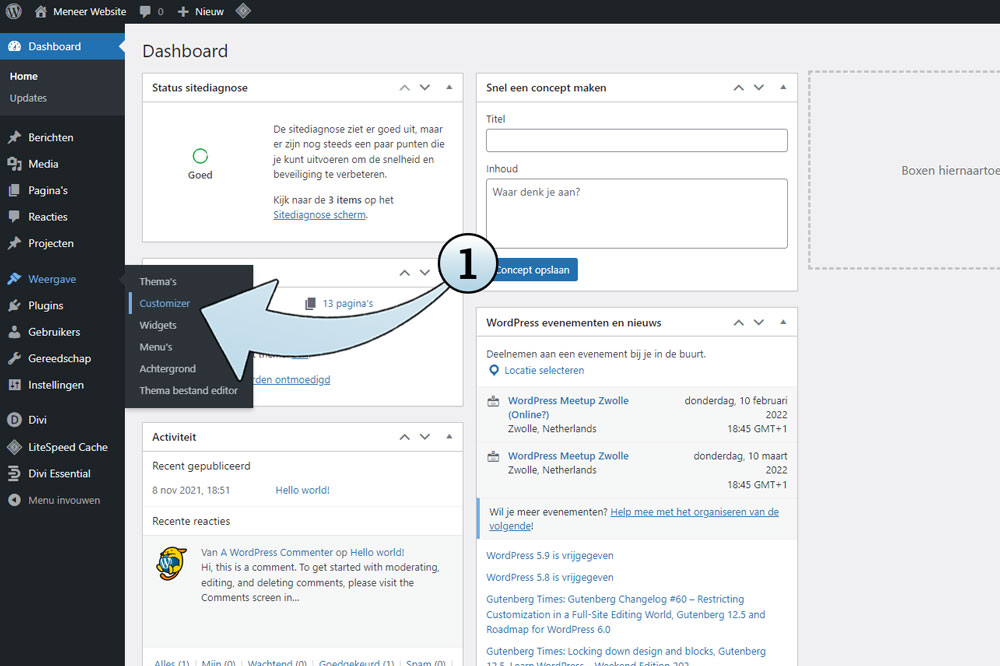 Om het hoofdmenu te stijlen, kun je naar de Customizer navigeren via de optie Weergave.