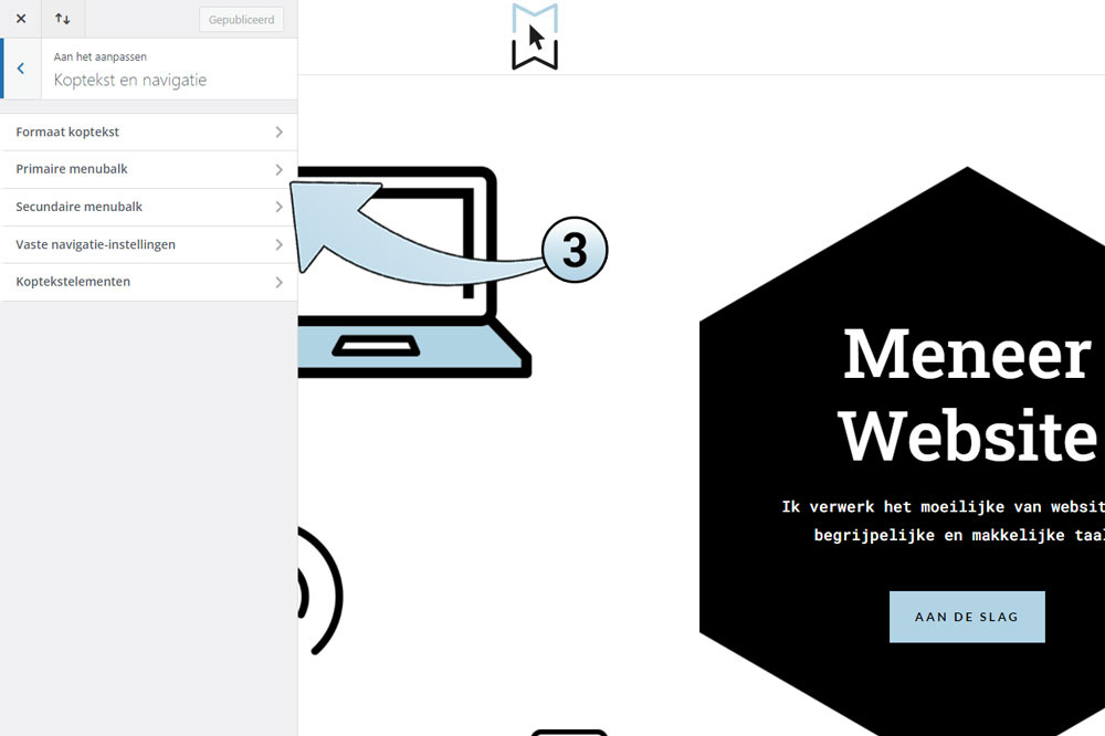 Hier vind je een hoop opties die met het hoofdmenu en je header te maken hebben. Klik op de optie Primaire menubalk om het hoofdmenu te stijlen.