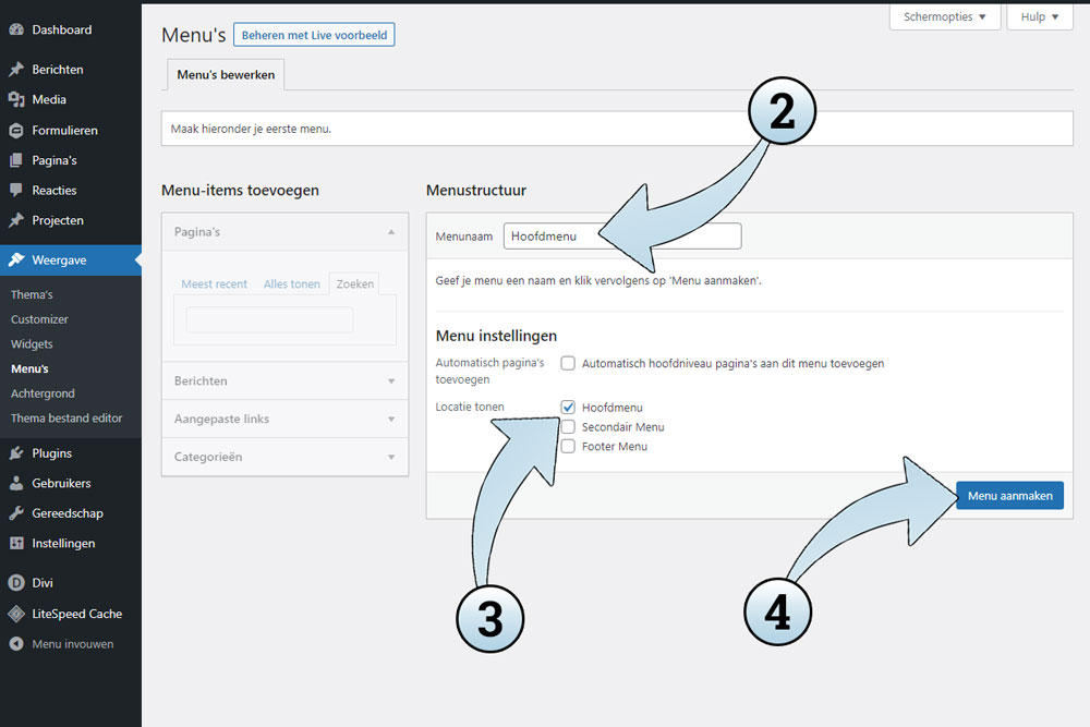 Vul eerst een titel in, selecteer daarna het vinkje Hoofdmenu onderaan bij Locatie tonen en klik dan op de knop Menu aanmaken.