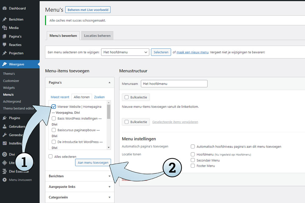 Selecteer een bestaande pagina aan de linkerkant door hem aan te vinken en daaronder op de knop Aan menu toevoegen te klikken.
