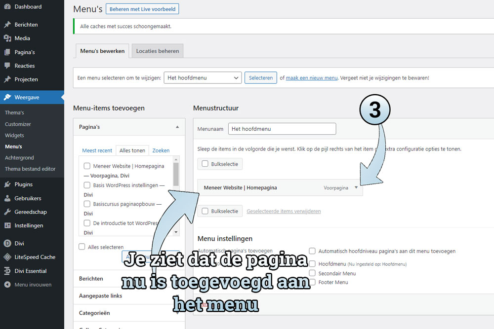 De pagina is nu aan het menu toegevoegd, maar heeft geen correcte naam. Klik op het kleine pijltje aan de rechterkant van het menu-item.