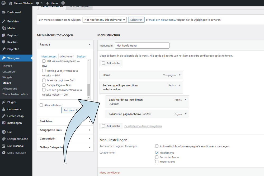 Je kunt menu-items slepen, je ziet hier dat er twee iets meer naar rechts staan. Dat betekend dat het sub-menu items moeten zijn van de pagina die er boven staat.
