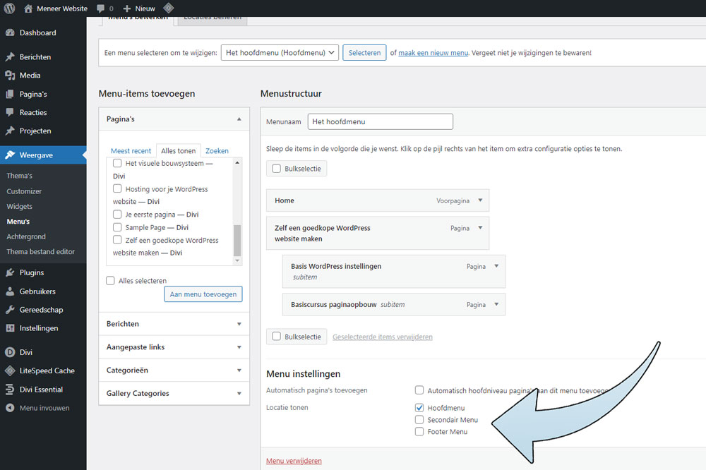 Onderaan heb je ook nog de optie Secundair menu (om een extra balk met menu boven het hoofdmenu te plaatsen) en Footer Menu (voor een menu in de footer onderaan je website).