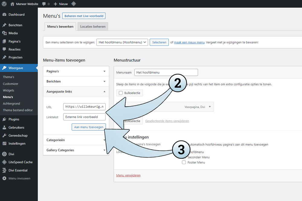 Hier kun je bovenaan de link invullen waar het menu-item heen moet gaan, en onderaan de tekst van het menu-item.