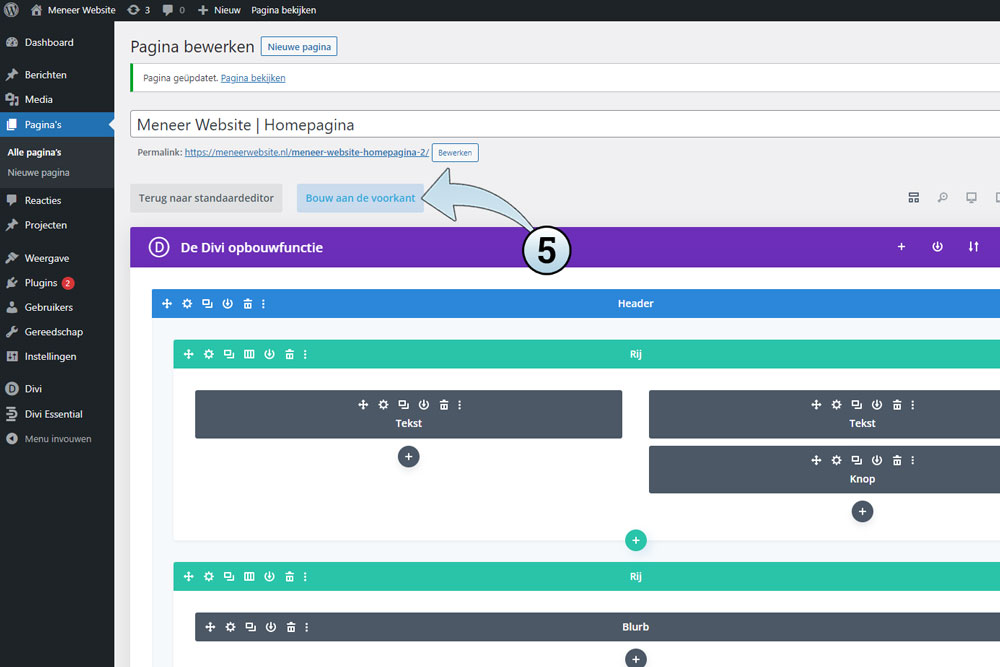 Als het layout geladen is zie je dit, en kun je het Divi visuele bouwsysteem starten via de knop Bouw aan de voorkant.