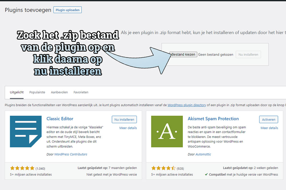 Daar kun je een bestand kiezen (zip bestand) en opzoeken vanaf je computer, als dat is gedaan klik je op de knop Nu installeren ernaast.