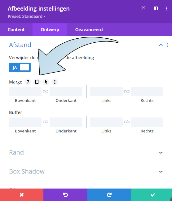 Naast bijna elke optie vind je in Divi dit verborgen menu, met het mobiele icoontje kun je schakelen tussen de optie instellen voor desktop, tablet en mobiel.