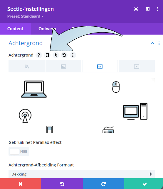 Hier zie je de optie bij het instellen van een achtergrond of afbeelding, klik op het mobiele icoontje om de opties in te schakelen.