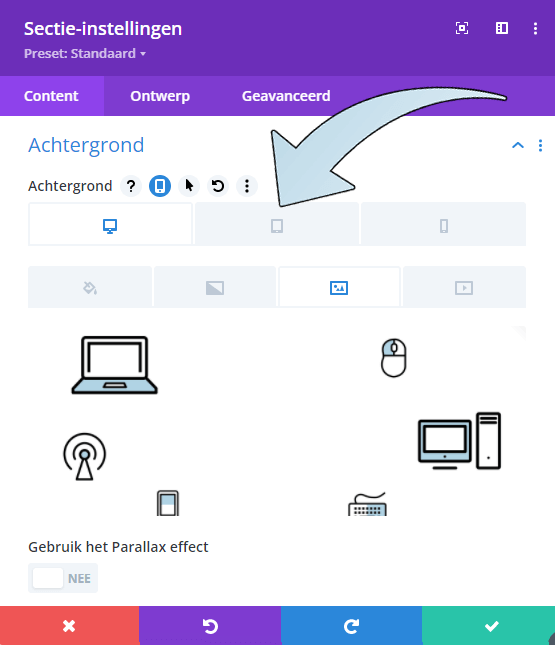 Er verschijnt nu een schakeloptie met 3 een keuze voor desktop, tablet en mobiel. Je kunt zo dus zelfs per apparaat een andere afbeelding instellen.