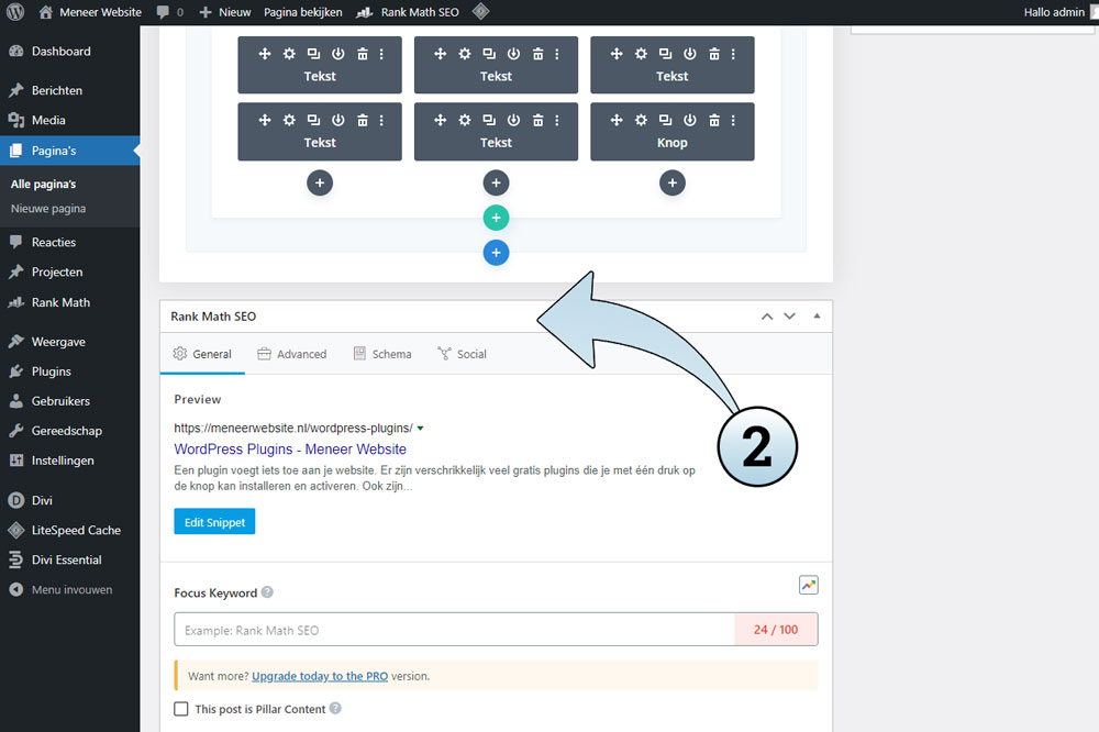 Scroll tijdens het bewerken van een pagina naar beneden totdat je het Rank Math SEO of Yoast venster ziet (afhankelijk van welke plugin je gebruikt).