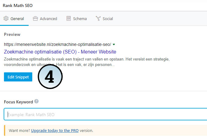 Klik op de knop Edit Snippet om de SEO informatie van de pagina te wijzigen. Zo neem je controle over wat zoekmachines tonen.